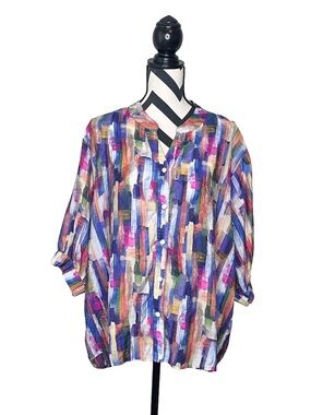 Caroline Morgan Colorful Artsy Abstract Sz 14 Puff Sleeve Button Front Blouse